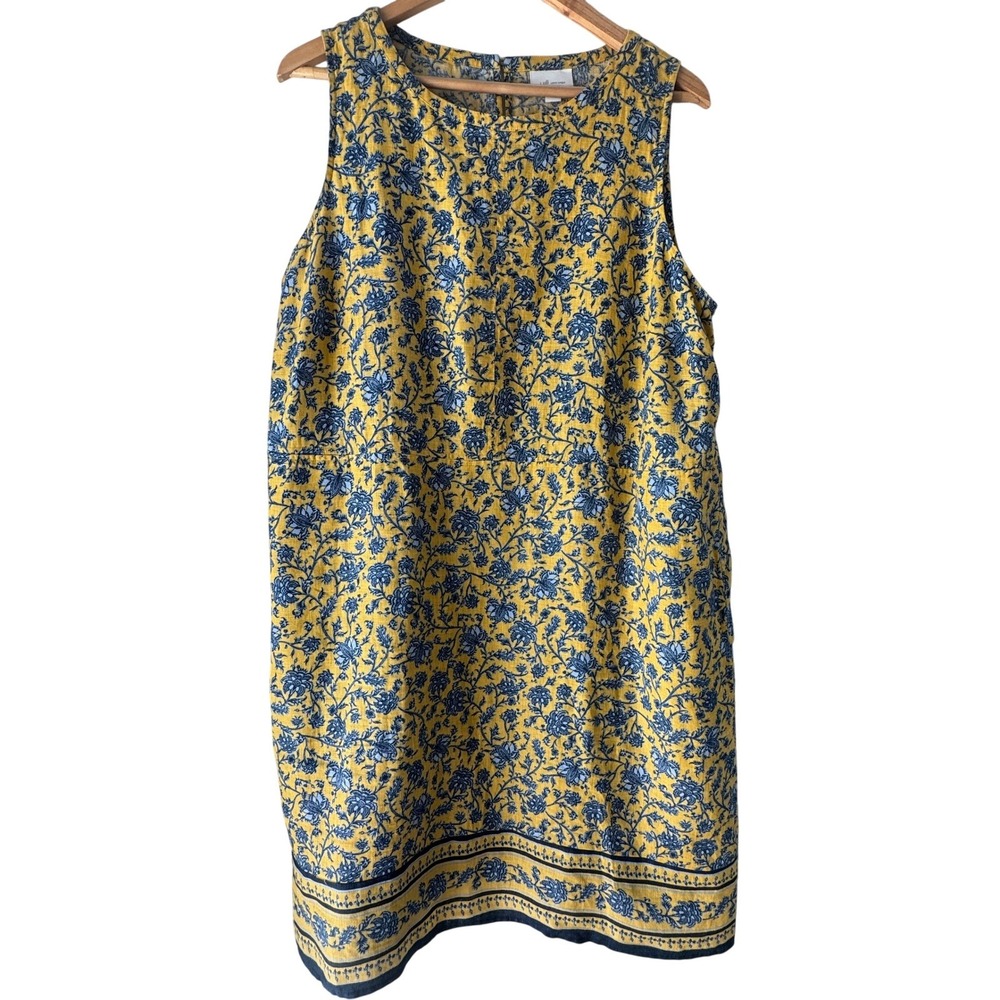 J.Jill Love Linen Shift Dress Large Yellow Blue Floral Pockets Breathable Travel